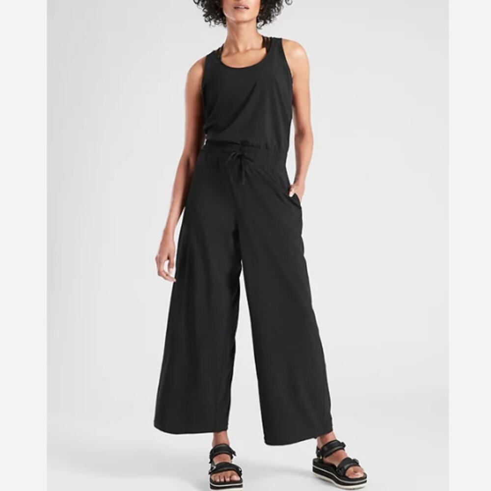 Athleta Revive Jumpsuit Black Racerbank Tank Tie Waist Wide Leg Size 4
